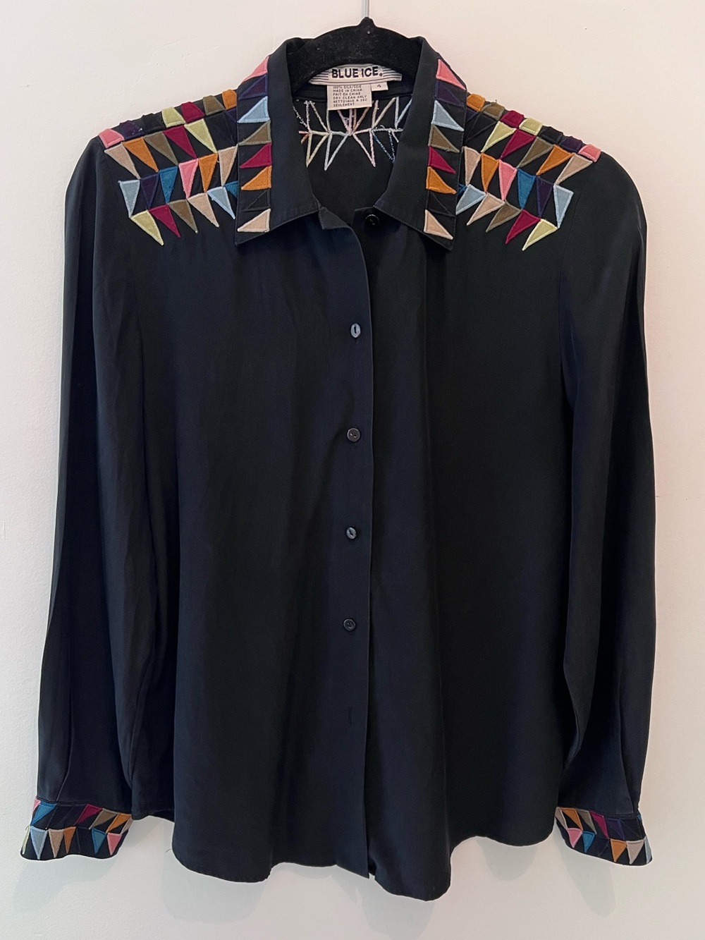 Vintage 100% Silk Blue Ice Blouse Geometric Color block Statement Top 4